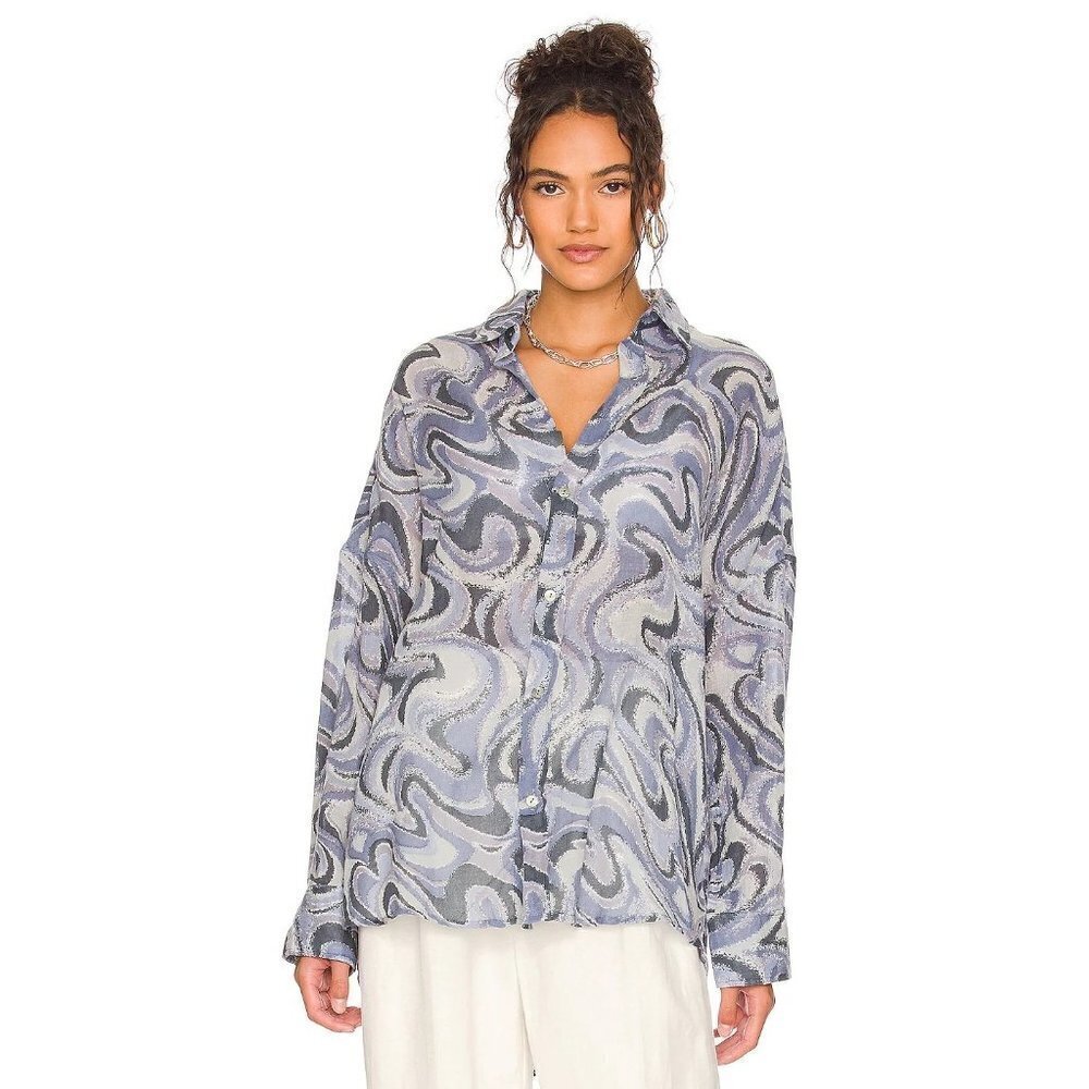 Indah Como Oversize Button Up Shirt in Imagine Blue Small New Womens Blouse